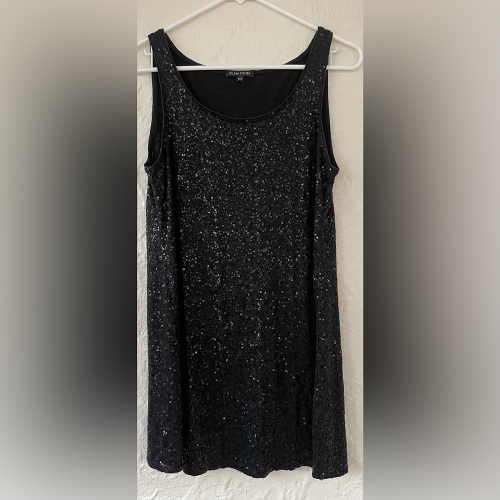 Eileen Fisher Black Sequin Silk Blend Sleeveless Shift Short Dress Medium